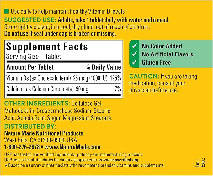 Nature Made Vitamin D3 1000 IU (25 mcg), Vitamin D Supplement for Bone, Teeth, Muscle and Immune Health Support, 300 Tablets, 300 Day Supply, (Pack of 2)
