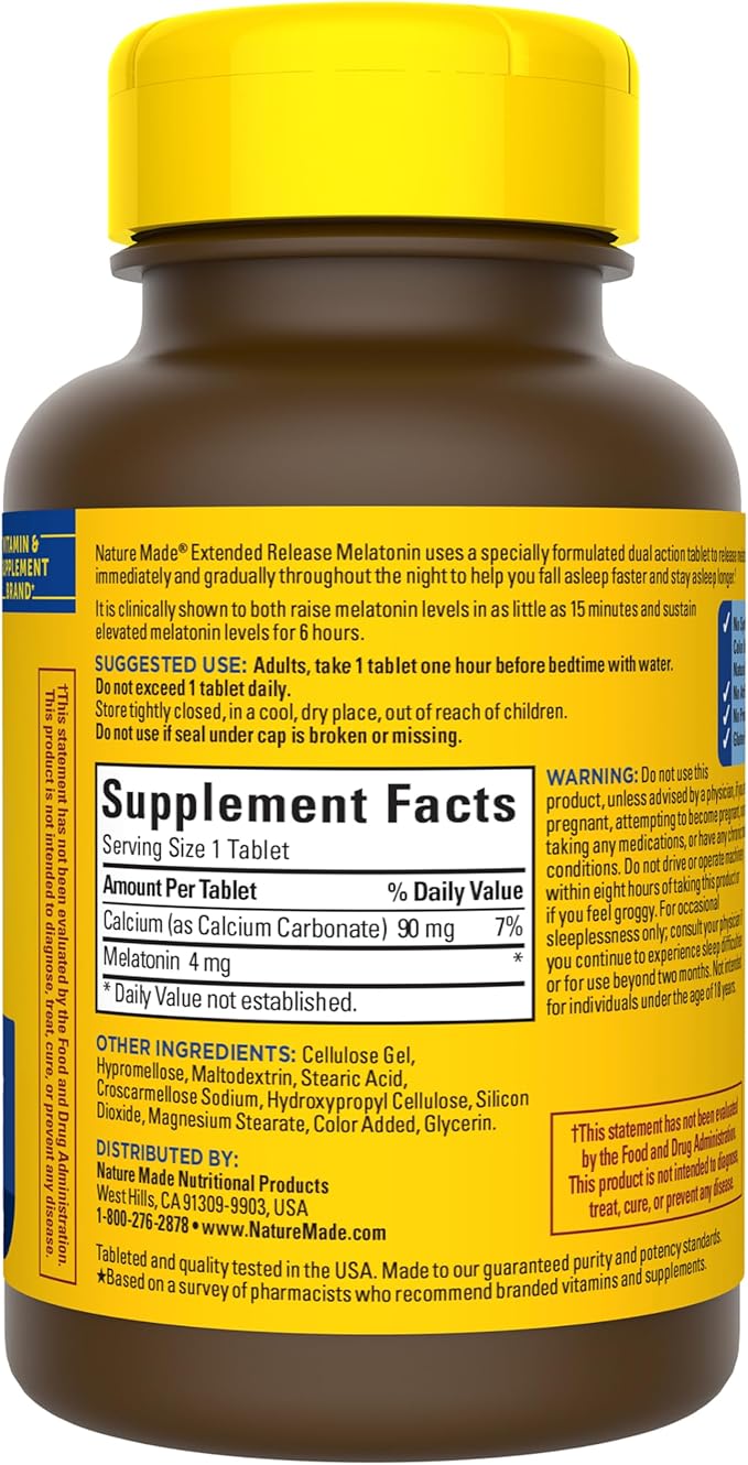 Nature Made Melatonin 4mg Extended Release Tablets, Sleep Supplements for Adults, 100% Drug Free Sleep Aid, 90 Count, 90 Day Supply