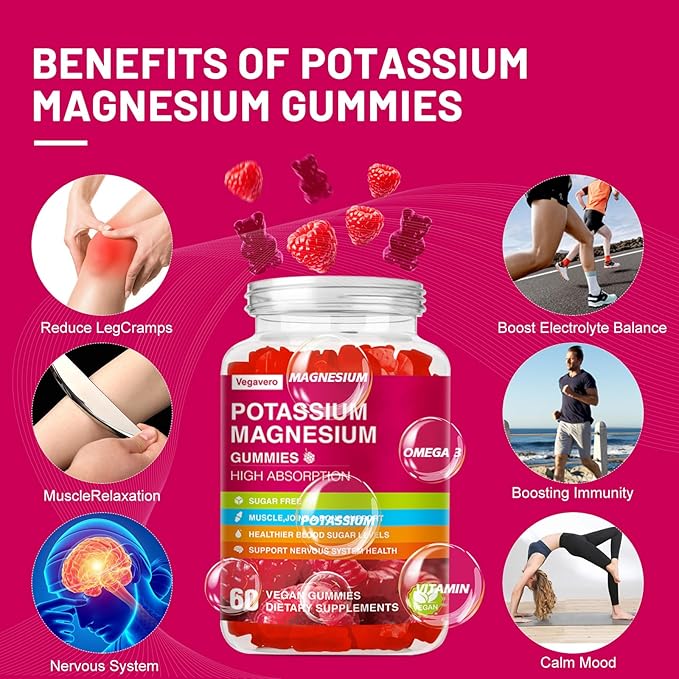 Potassium Magnesium Gummies - Magnesium Glycinate B6,D3 & Potassium Citrate for Leg Cramps,Muscle,Electroyte for Adults Kids,Sugar-Free - 60 Raspberry Gummies