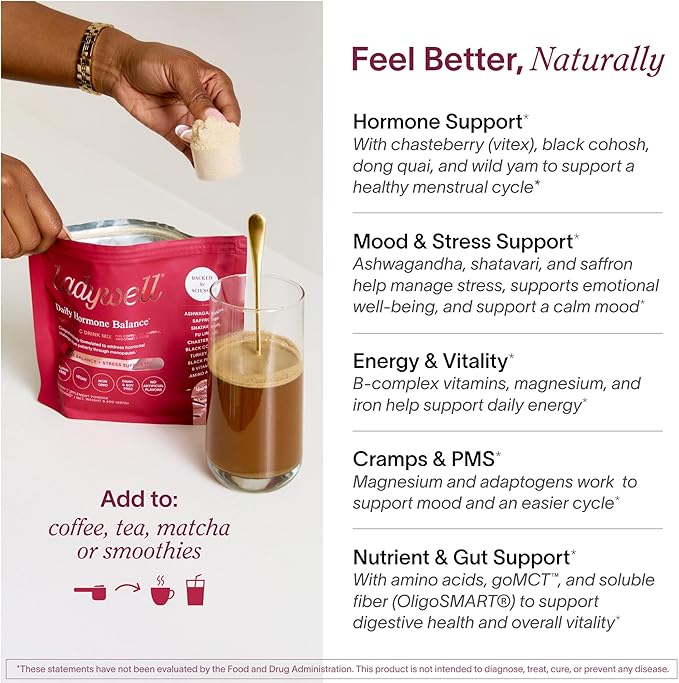 Ladywell Daily Hormone Balance Powder | Natural Cycle Support for Women | Supports Mood, Bloating, Cramps, Skin Health & Cravings with Chasteberry, B Vitamins, Ashwagandha, Saffron + | 30 Servings