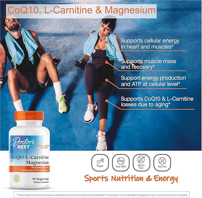 Doctor's Best CoQ10 L-Carnitine Magnesium Supplement - Energy & Exercise Support for Men & Women, Naturally Fermented Coenzyme Q10, Gluten Free, Soy Free, Vegan Formula - 90 Veg Caps