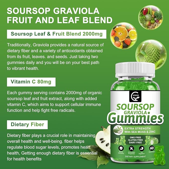 Organic Soursop Graviola Gummies - 2200mg Extra Strength Soursop Leaves Extract w/Sea Moss Extract 200mg, Zinc & Vitamin C - Supports Immunity, Liver, Zzz & Antioxidant, Gluten Free, Vegan, 60 Gummies