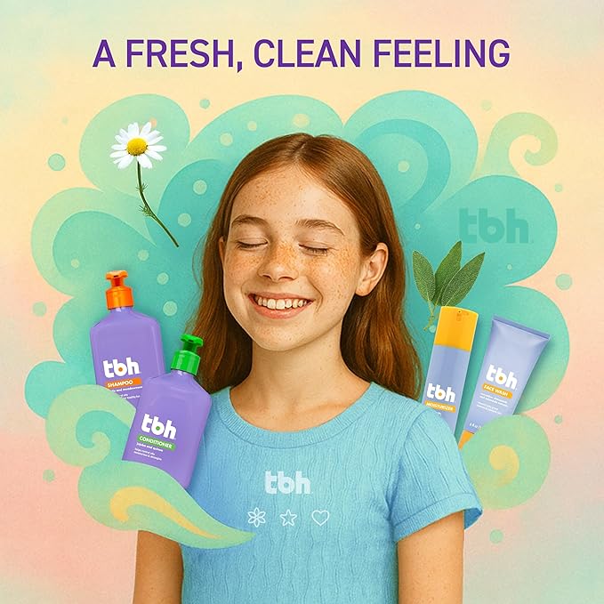TBH Kids Teen Hygiene Starter Kit- Shampoo, Conditioner, Body Wash, Face Wipes, Face Wash, Moisturizer, and Deodorant for Kids - 7 in 1 Kit for all Your Tweens Needs