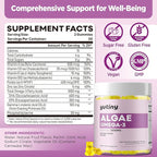 Vegan Omega 3 Gummies for Women, Algae Omega 3 1000mg Supplement with DHA, EPA, GLA, Vitamin A, E, B12, Folate, Skin & Brain Health, Sugar Free, 60 Count