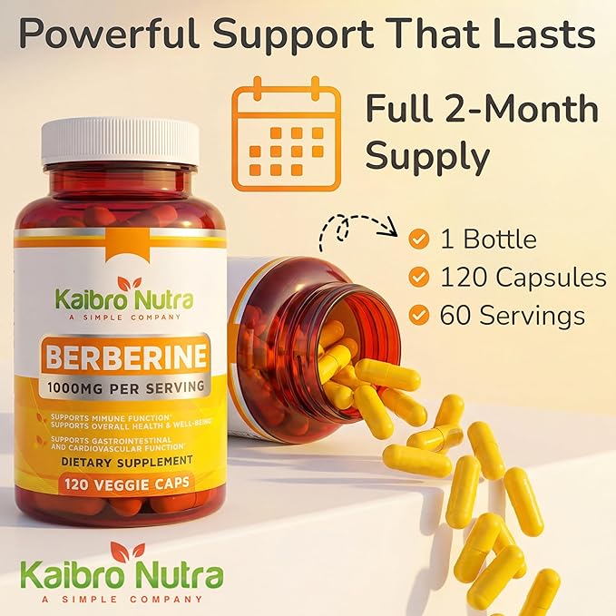 Kaibro Nutra Berberine Supplement 1000mg, Berberine HCL for Immune System, Glucose Support, Circulatory & Gastrointestinal Health, Vegan & Gluten-Free, 120 Capsules
