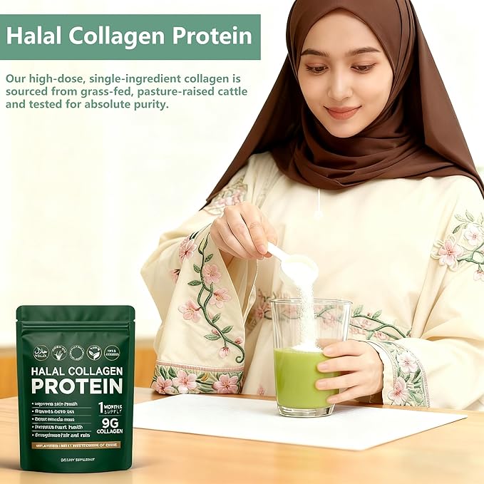 Halal Collagen Protein Powder - Pure Halal Collagen Peptides Grass Fed Organic Hydrolyzed Powder, Skin Glows | Joints Support | Gut Support, Non GMO, Sugar Free, Unflavoured, 30 Servings