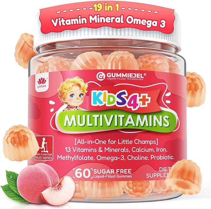 Kids Multivitamin Gummies + Iron, Omega 3, Probiotic, Fiber, Vitamins A C D3 E, K2, Methylfolate, Calcium, Choline, Kids Vitamins Multivitamin for Growth, Immune, Bone, Brain, Focus, No Sugar, 60 Cts