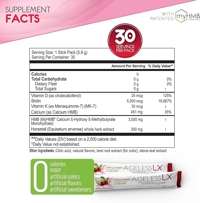 AgelessLX Powder Supplement for Women - with HMB Collagen Enhancer Plus Vitamin D3 with K2, Horsetail and Biotin for Lean Muscle and Stronger Hair and Nails - 30 Powder Packets, Cherry Limeade