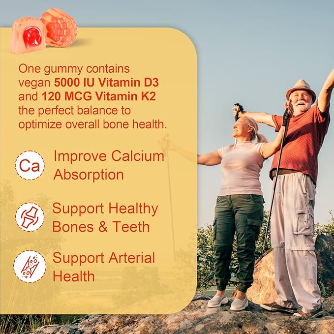 Vitamin D3 5000IU + K2 (MK-7) 120mcg, Sugar-Free Vitamin D3 K2 Filled Gummies with Vitamin B Complex - Methyl B12, B9, B6 | Vitamin E & Zinc, MCT Oil - Supports Bone & Teeth Strength, Immune, 2PACK