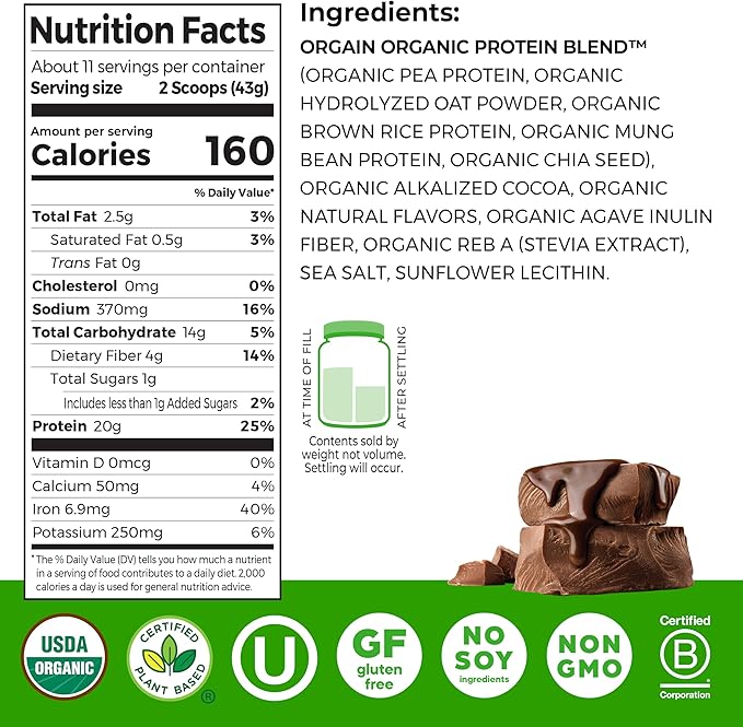 Orgain Organic Vegan Protein Powder + Oat Milk, Chocolate - 20g Plant Based Protein, Gluten Free, No Dairy, Soy or Lactose Ingredients, Low Sugar, Non-GMO, Kosher, For Shakes & Smoothies - 1.05lb