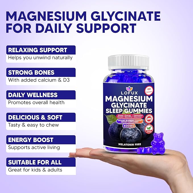 Lofux Magnesium Glycinate Gummies 400mg, Sugar Free Magnesium Gummies for Adults Women, Men, Chewable Supplement Gummy with L-Threonate, Vitamin D, B6, CoQ10 - for Calm, Sleep, Body Relaxation, 60 Ct