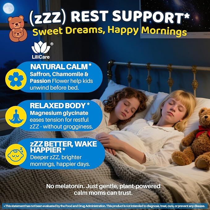 Kids Saffron Magnesium Gummies, Liposomal Saffron for Kids Focus Sleep Gummies, Mood Support Organic Saffron Extract Supplements w/ Magnesium Glycinate, L-Theanine & GABA for Calm - No Melatonin,120Ct