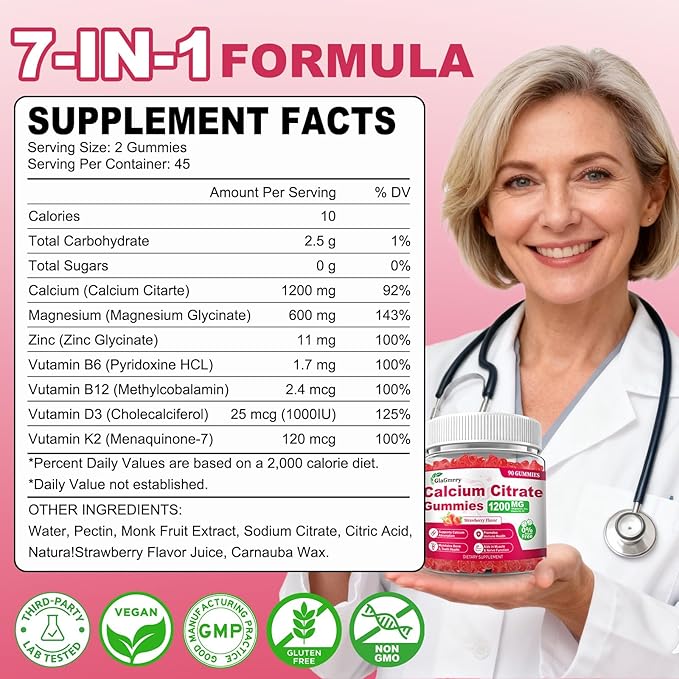180 Count Calcium Citrate Gummies - Calcium Gummies with Magnesium & 4 Essential Vitamins Support Bone, Muscle, Teeth, Immunity, Calcium Supplements for Women & Men, Strawberry Flavor
