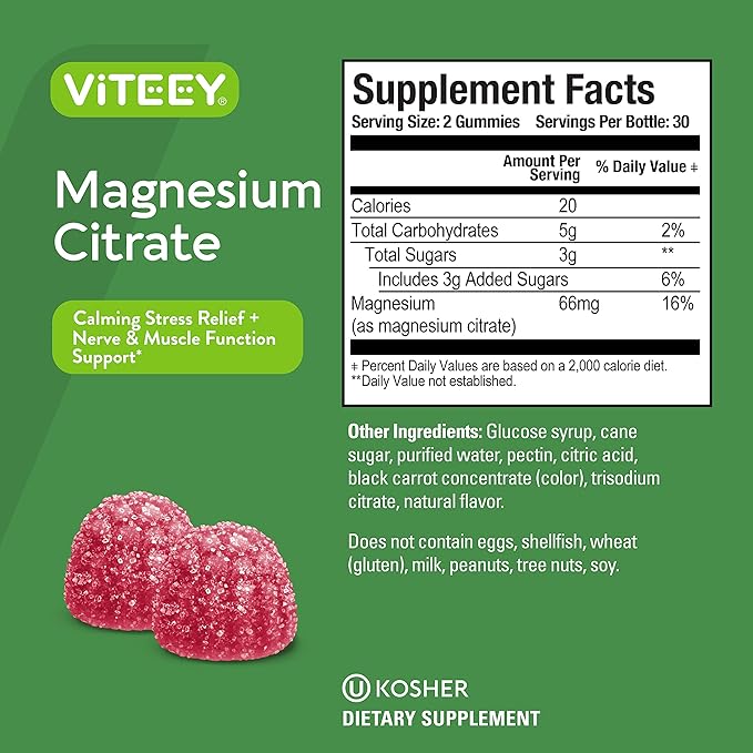 VITEEY Magnesium Gummies for Adults - 66mg of Magnesium Citrate Gummy for Calm, Sleep, Nerve & Muscle Function Support - Vegetarian, Gluten Free - 120 Count