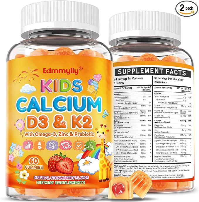 Kids Calcium Gummies with Vitamin D3 K2 - Calcium Citrate with Magnesium, Zinc, Omega-3 and Probiotics for Kids Bone Health, Digestive & Development Support - Sugar Free Gummies, Non-GMO, Vegan