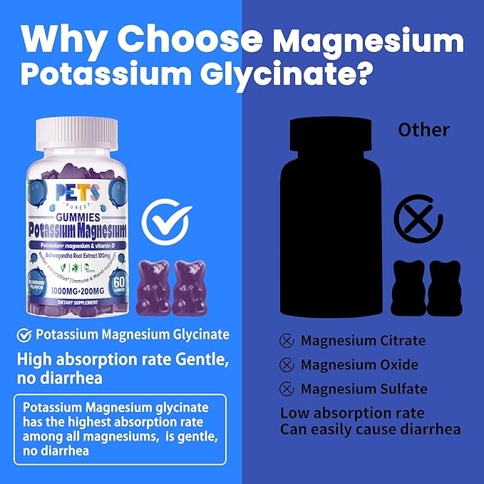 Potassium Magnesium Gummies - High Absorption Magnesium Glycinate & Potassium Citrate Plus Omega 3, B6, D3, K2 & Calcium - Chewable Gummy for Leg Cramps, Immunity & Energy-Blueberry 60 Gummies