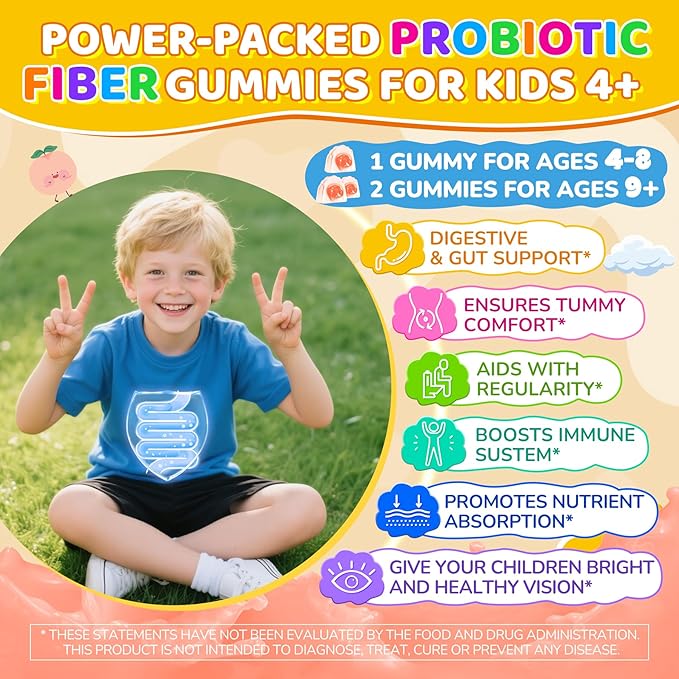 Kids Probiotic + Prebiotic Fiber Gummies 5G, 12 Billion CFU Probiotic & Veggie Fruit Fiber, w/ Organic Inulin, Methyl B12 B6 D3 C, Lutein for Children's Digestive & Gut, Immune Health, Sugar Free,60Ct