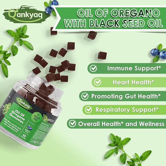 Oregano Oil with Black Seed Oil Organic Gummies for Kids and Adults | 6-in-1 Oregano Oil Supplement | Carvacrol + Thymoquinone | Immune Support with Garlic, Elderberry | Sugar-Free, 90 Chewable