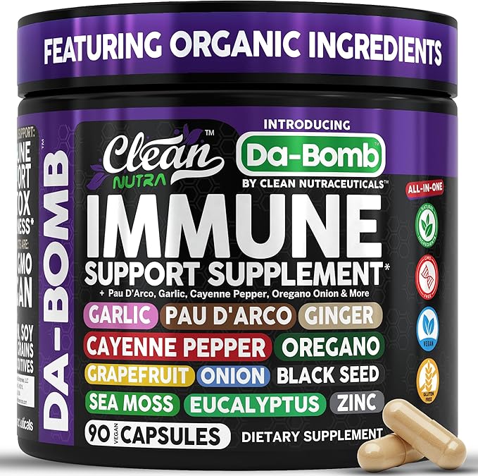 Organic Immune Support with PAU D'Arco Garlic Cayenne Pepper Oregano Ginger Grapefruit Onion Black Seed Sea Moss Black Pepper Zinc Eucalyptus Vitamin C Vitamin D Organic Soursop By Clean Nutra