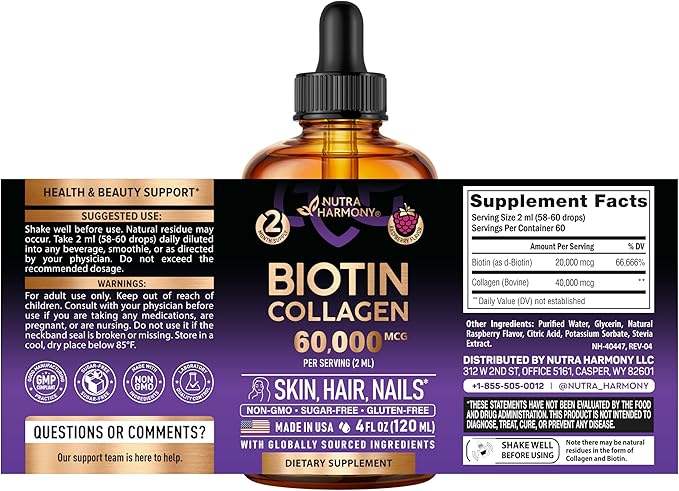 Liquid Biotin & Collagen 60,000 mcg - Vitamins for Hair Growth Support - Extra Strength Drops for Women & Men - Liquid Collagen Supplement - Strong Nails & Healthy Skin - Made in USA - 4 Fl Oz