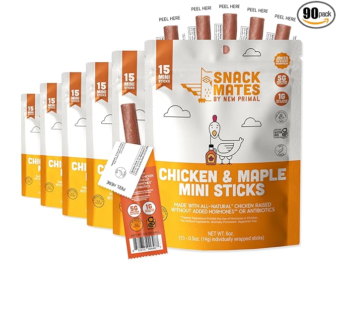 The New Primal Snack Mates Chicken & Maple Sticks, Gluten Free Healthy Snacks for Kids, Low Sugar High Protein Back to School Snacks, Mini Paleo Jerky Meat Stick, 5g Protein, 35 Calories, 0.5 Ounce (Pack of 90)