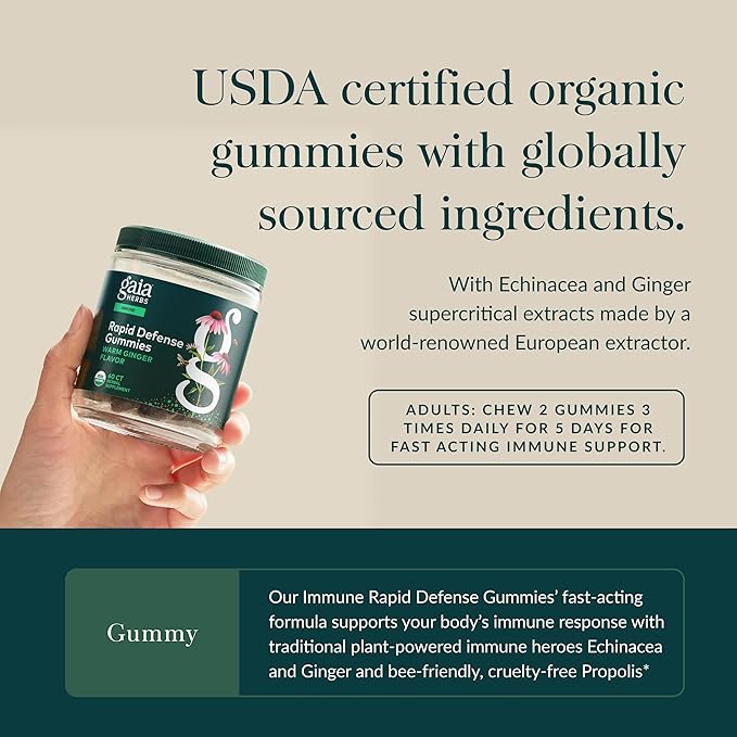 Gaia Herbs Rapid Defense Gummies - Supports Immune Health* - with Propolis, Ginger & Echinacea - USDA Organic - 60 Vegetarian Gummies (30 Servings)