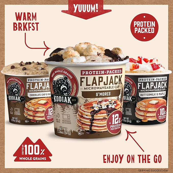 Kodiak Cakes Protein Pancake On The Go Flapjack Cups Mix; Buttermilk, Chocolate Chip, & S’mores Variety Pack