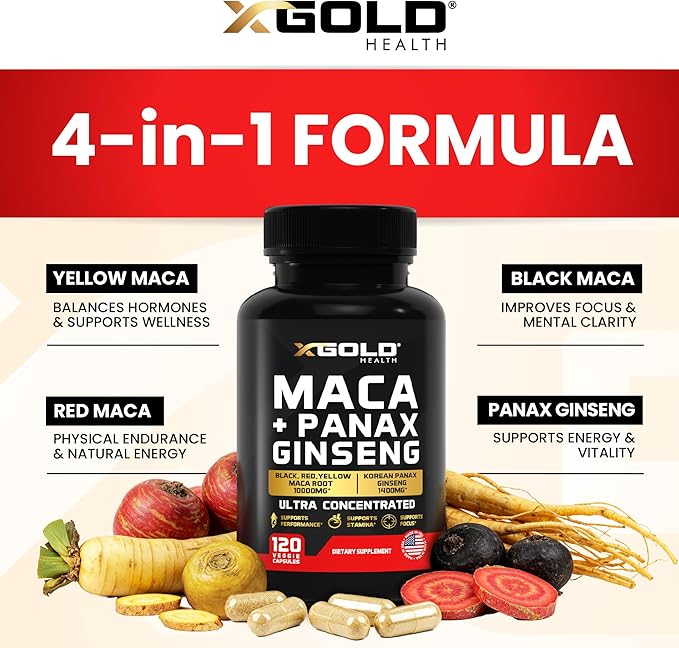 Maca Root Capsules 20:1 Extract + Korean Panax Ginseng10:1 Extract - 20x Concentrated Black + Red + Yellow Maca Root, 10x Concentrated Panax Ginseng Capsules - Ultra Potent & Highly Purified