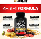 Maca Root Capsules 20:1 Extract + Korean Panax Ginseng10:1 Extract - 20x Concentrated Black + Red + Yellow Maca Root, 10x Concentrated Panax Ginseng Capsules - Ultra Potent & Highly Purified