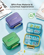 Acedada Small Pill Box, Travel Pill Organizer, Compact 7-Compartment Moistureproof Pill Case for Purse, Chic Daily Pill Container, Portable Medicine & Vitamin Holder for Fish Oil & Supplements, Purple
