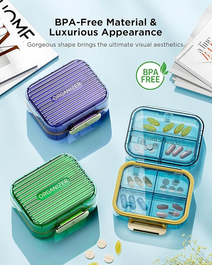 Small Pill Box, Travel Pill Case, Acedada Daily Pill Container for Purse Pocket, Moistureproof 7 Compartments Pill Holder, Stylish Portable Medicine Vitamin Organizer for Supplements Fish Oils, Blue