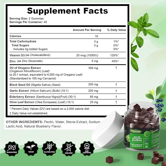 Oregano Oil with Black Seed Oil Organic Gummies for Kids and Adults | 6-in-1 Oregano Oil Supplement | Carvacrol + Thymoquinone | Immune Support with Garlic, Elderberry | Sugar-Free, 180 Chewable