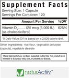 Organic VIT D3 125mcg (5000 iu) Pro Strength MiniCaps Support Bone Muscle Joint Cardio Breast Colon Immune Health Easy Swallow Fast Absorb