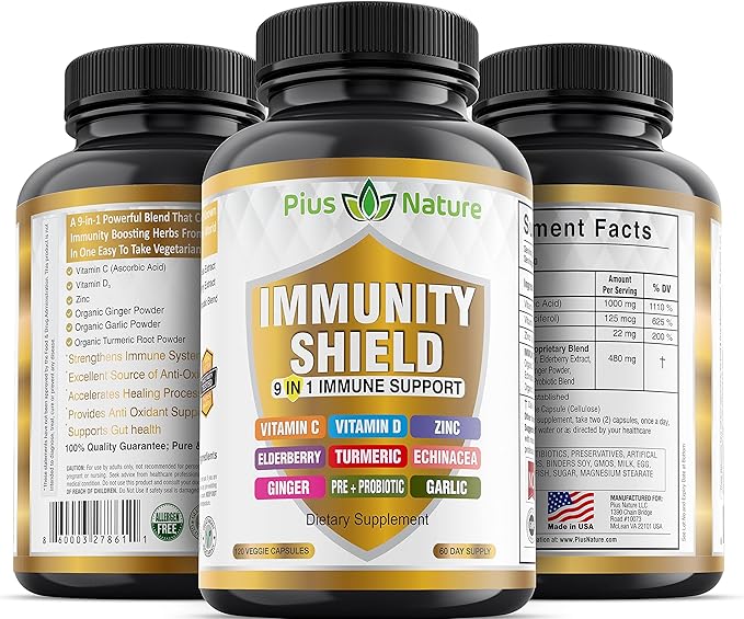 9-in-1 Immune Support Vitamin C (1000mg), Vitamin D3 (5000 IU), Zinc(22mg) with Elderberry, Turmeric, Echinacea, Ginger, Garlic and Pre+Pro-Biotic per Serving (120 caps per Bottle - 2 Month Supply)