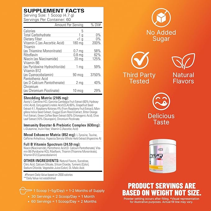 EHP Labs OxyShred Pre Workout Powder - Preworkout Powder with L Glutamine & Acetyl L Carnitine, Energy Boost Drink - Mango, 60 Servings