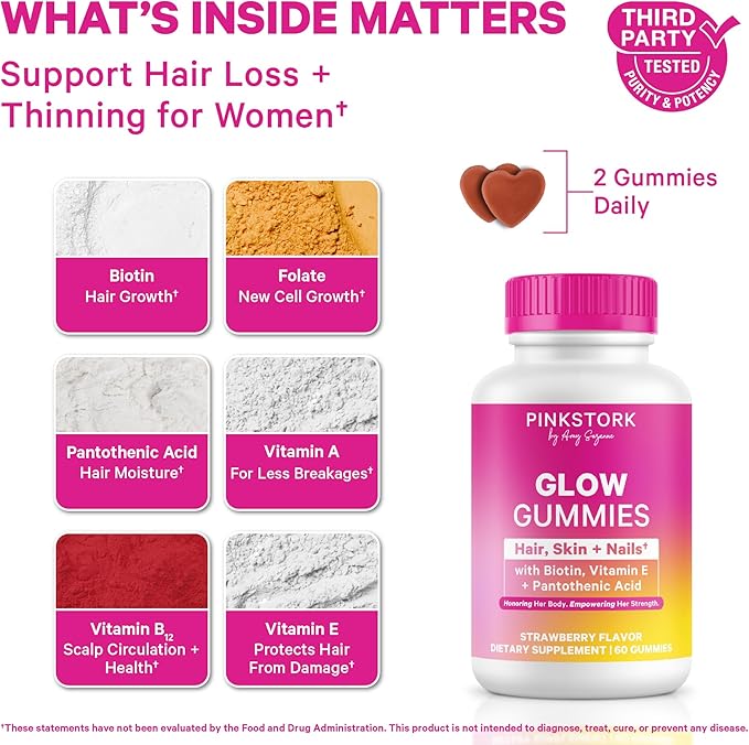 Pink Stork Total Glow Gummies for Women – Hair, Skin & Nails Vitamin with Biotin, Vitamin A, B6, B12, Folate, Zinc & More – Support for Radiant Skin, Strong Nails, and Healthy Hair – 60 Berry Gummies