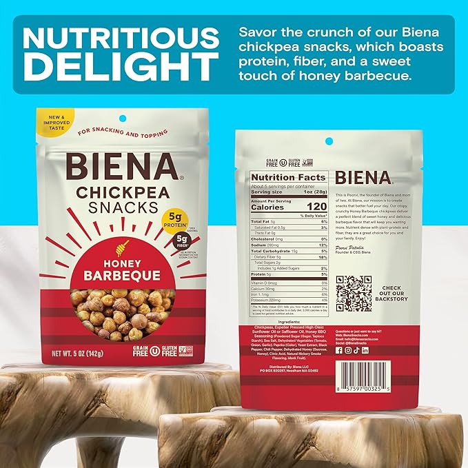 BIENA Chickpea Snacks - Crunchy Roasted Chickpeas - High Fiber Protein Snacks for Adults and Kids - 8-Pack, 5 Ounce - Barbecue