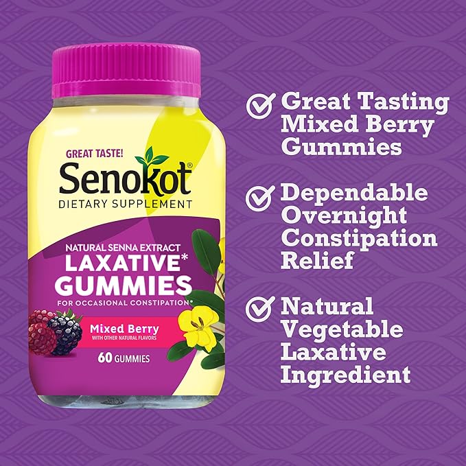 Senokot Dietary Supplement Laxative Gummies, 90 Ct, Constipation Relief, Natural Senna Extract, Gentle Overnight Laxatives for Constipation Relief, Mixed Berry Flavor