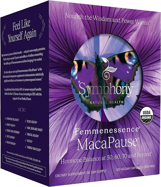 Femmenessence® MacaPause® – Clinically Proven Postmenopausal Organic Vegan Supplement for Natural Hormone Balance, Menopause Symptom Relief, Bone & Heart Health (120 Capsules, 30 Day Supply)