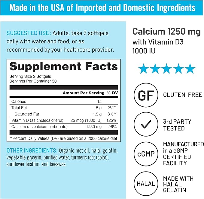 NatureWise High-Purity, All-Natural Calcium 1250mg + Vitamin D3 1000IU + Organic MCT Coconut Oil - Pregnancy Safe + Non-GMO - Absorption Friendly, Gluten Free - 60 Softgels[30-Day Supply]
