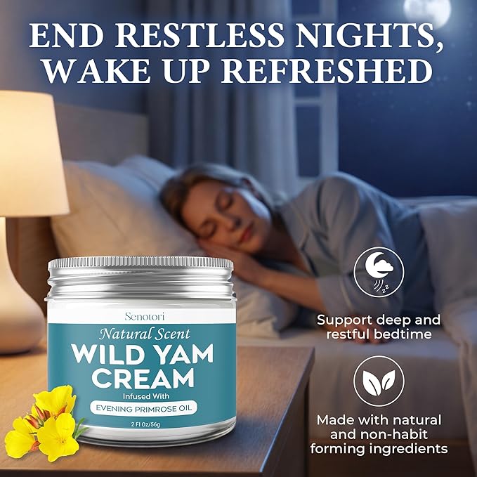 Wild Yam Cream infused with Evening Primrose - Botanical Wild Yam Root Balm for Women's Midlife Wellness – Menopause, Hormone Balance & Nighttime Comfort, Non-Greasy Cream – 2 Oz (Unscented)