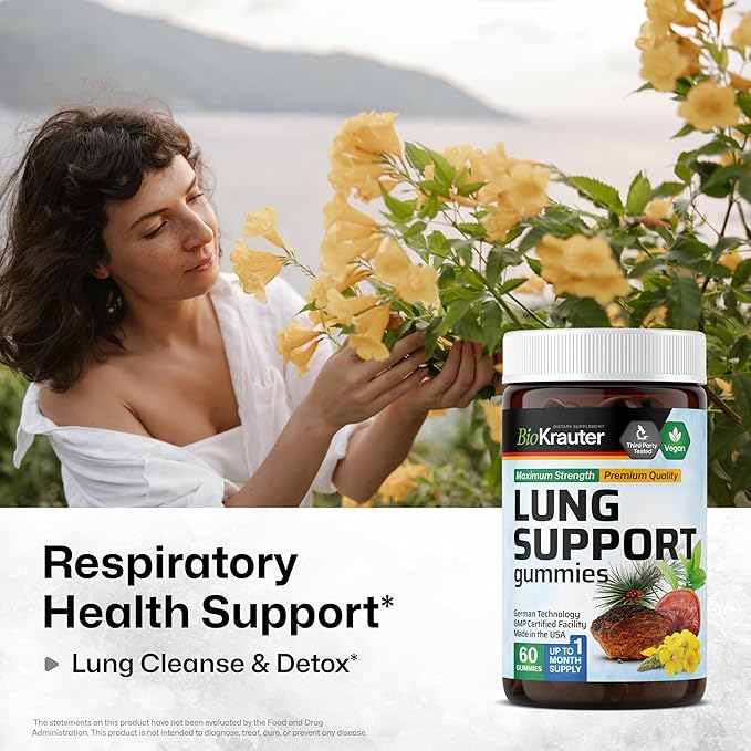 BIO KRAUTER® 8-in-1 Lung Detox for Respiratory Support - Lung Сleanse Gummies Mushroom & Herbal Supplements - 60 Mullein Gummies with Vitamin C, 30 Days of Supply, Blueberry Flavor, Non-GMO