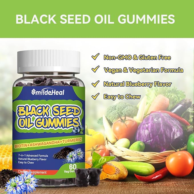 2 Pack Black Seed Oil Gummies, Organic Black Cumin Seed Oil Gummies, Black Cumin Seed Oil Organic 500mg, Chewable Black Seed and Honey Gummies, Vegan, 120 Gummies