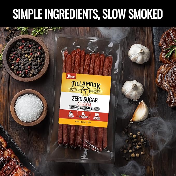 Tillamook Country Smoker Smoked Sausage, Zero Sugar, Original, 16 Ounce (36 Count Meat Sticks Bulk Pack) Real Hardwood Smoked Sausages, Low Carb, High Protein Ready to Eat Keto Snack