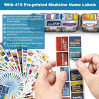 3 Pack 14 Grids Travel Pill Organizer Box with 415-Pcs Medicine Name Labels - Pocket Daily Pharmacy Case Container Kit - Travel Medication Holder Dispenser for Fish Oil Vitamin Supplement - Clear