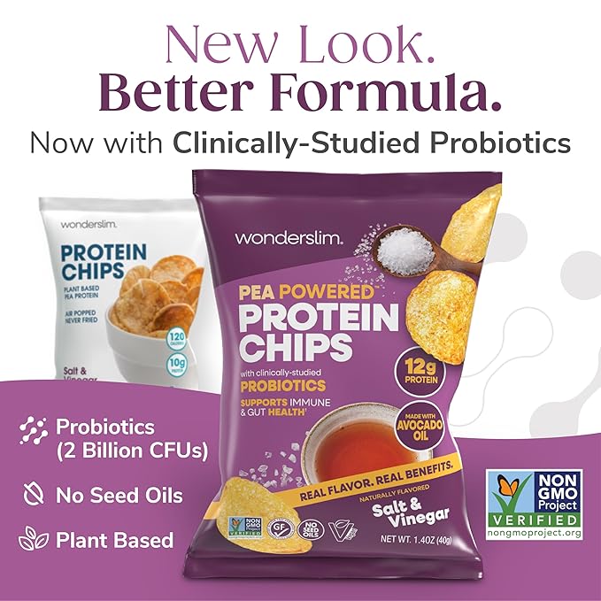 Wonderslim Protein Chips with Probiotics, Salt & Vinegar | 12g Plant Protein, 170 Cal | High Protein Chips, Vegan, Gluten Free, Non-GMO | Made with Avocado Oil, No Seed Oils | 12 Pack