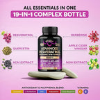 Resveratrol Supplement - 19-in-1 Organic Polyphenol Complex - Noni Extract | Berberine | Quercetin | Apple Cider Vinegar | Acai - Made in USA - Antioxidant & Heart Health Support - 120 Capsules