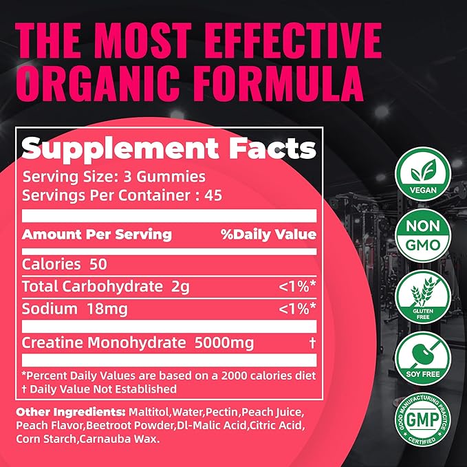 Natures Aid NSF Certified Creatine Gummy 5g - Creatine Monohydrate Gummies – Pre-Workout Energy & Muscle Growth Support for Men & Women | Peach Electrolyte Gummies (135 Count)