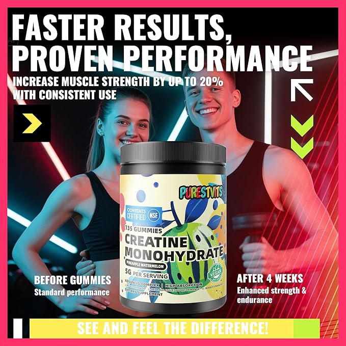 NSF Certified Creatine Gummy 5g - Creatine Monohydrate Gummies – Pre-Workout Energy & Muscle Growth Support for Men & Women | Pineapple Watermelon Electrolyte Gummies (135 Count)