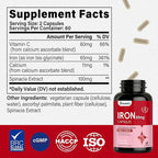 Iron Supplement - Iron 65mg High Absorption Iron Bisglycinate with Vitamin C, Calcium, Gentle Iron Pills for Women Men - Non GMO & Gluten Free, Stomach Friendly, 60 Capsules